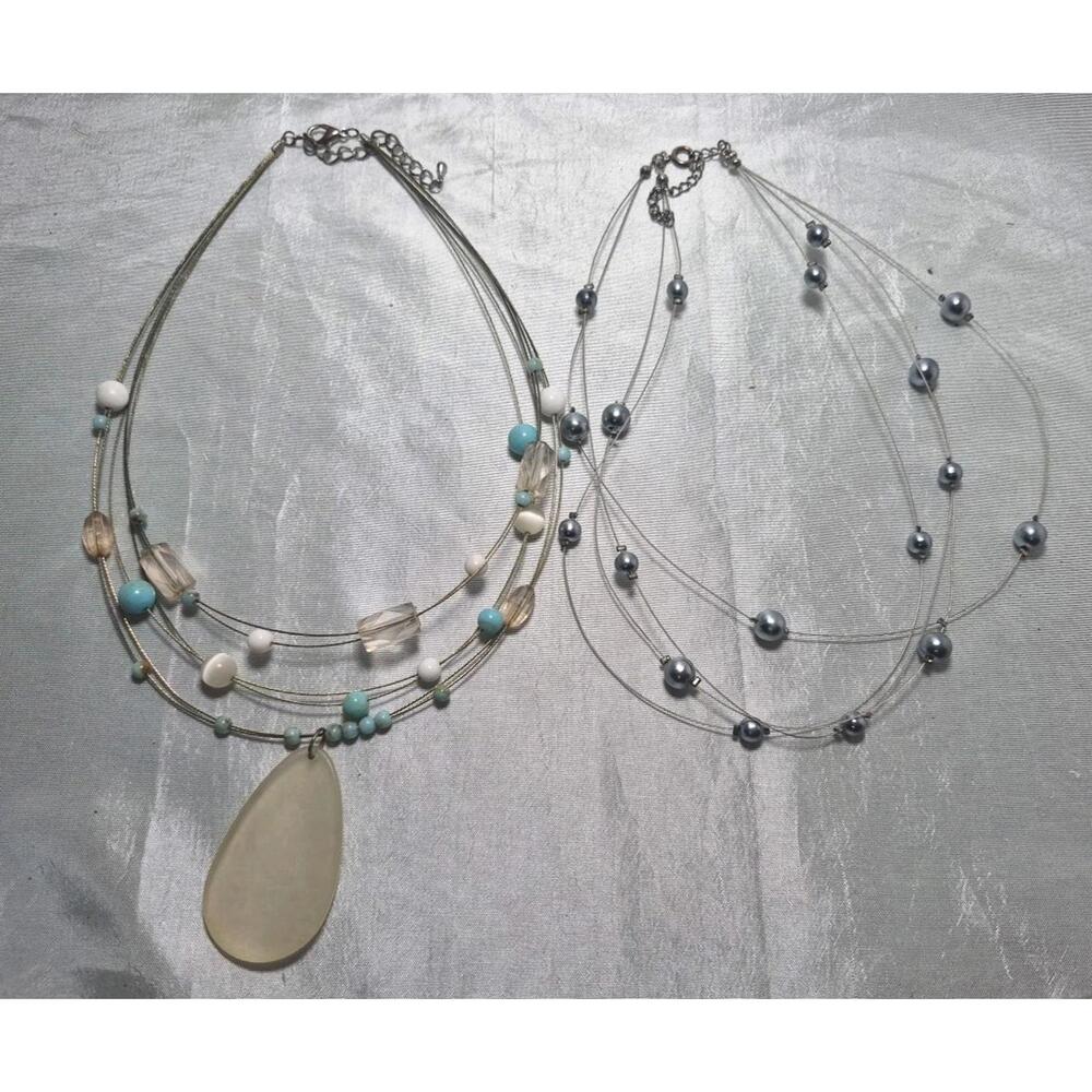 Three Strand Beaded Choker Necklace Lot Turquoise/White/ Clear Pendant And Gray